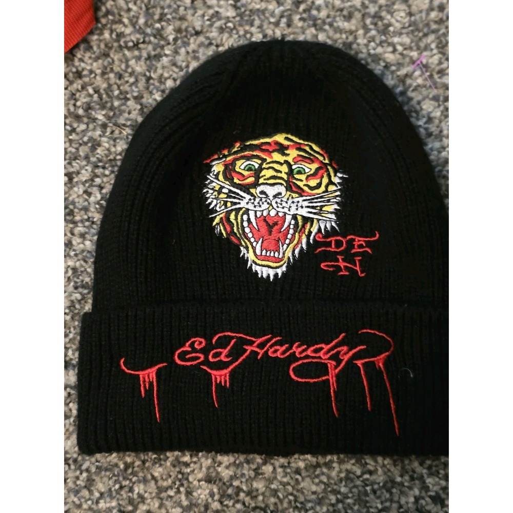 Ed Hardy Black Knit Beanie Hat Embroidered Tiger Graphic 100% Acrylic One Size